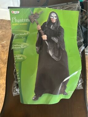 Adult Phantom Halloween Costume – Black Hooded Robe with Mask Complete Set